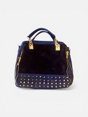Navy Blue Leather Satchel Bag – Gold Hardware, Top Handle & Crossbody